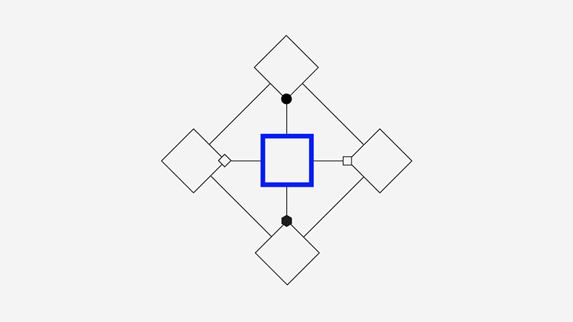 Graphic illustrating various shapes surrounding a blue outlined square