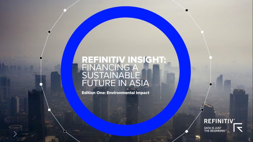 Front cover of report with Asian city skyscrapers surrounded by smog.  Report title reads Refinitiv insight: Financing a sustainable future in Asia.