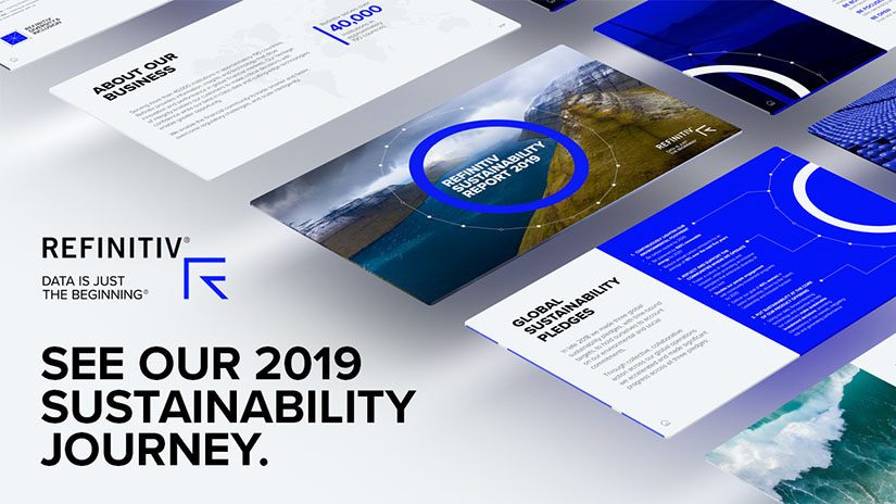 A top down view of the slides of the report angled diagonally. On the left the words read see our 2019 sustainability journey