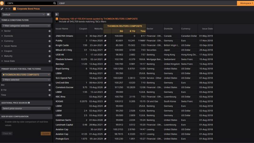 screenshot of Eikon showing Corporate bond prices in CBXP